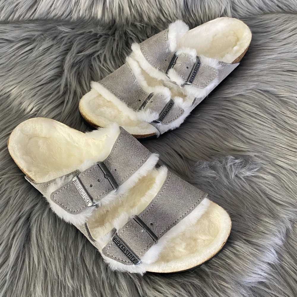 Birkenstock Arizona Suede Shearling lined Stone Coin Size 38N